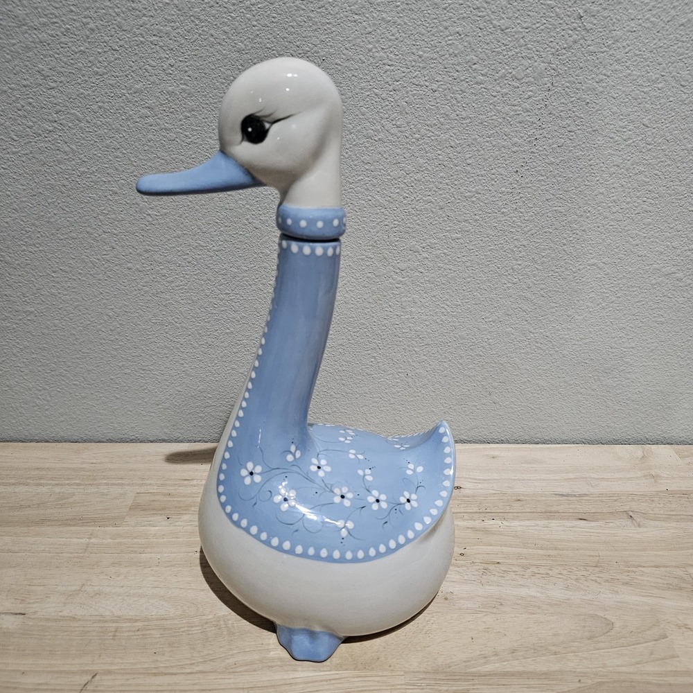 Vintage Ceramic Blue Duck Decanter Hand Painted Long Neck 11" With Stopper